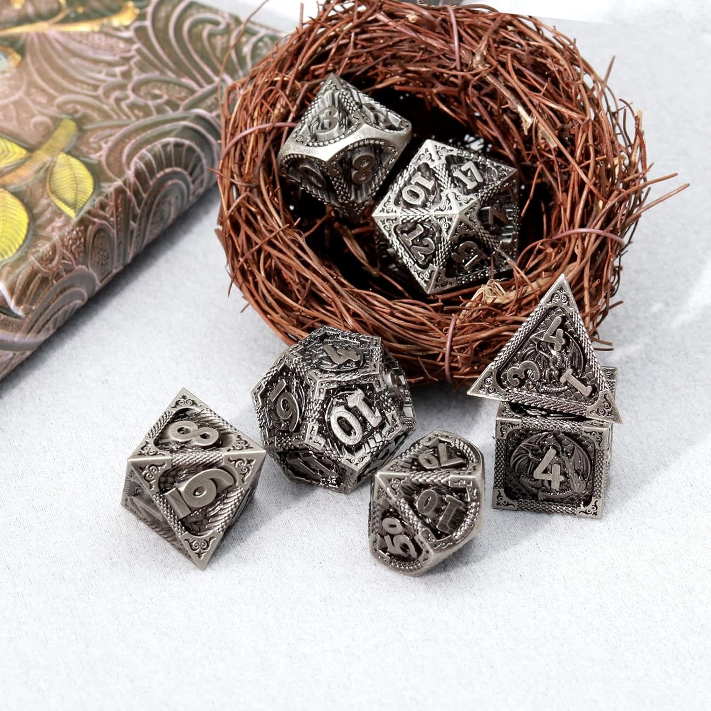 PJOY Metal DND Dice Set Antique Silver Dragon Scale D&D Polyhedral Dice with Dice Case for Dungeons and Dragons TTRPG Gifts