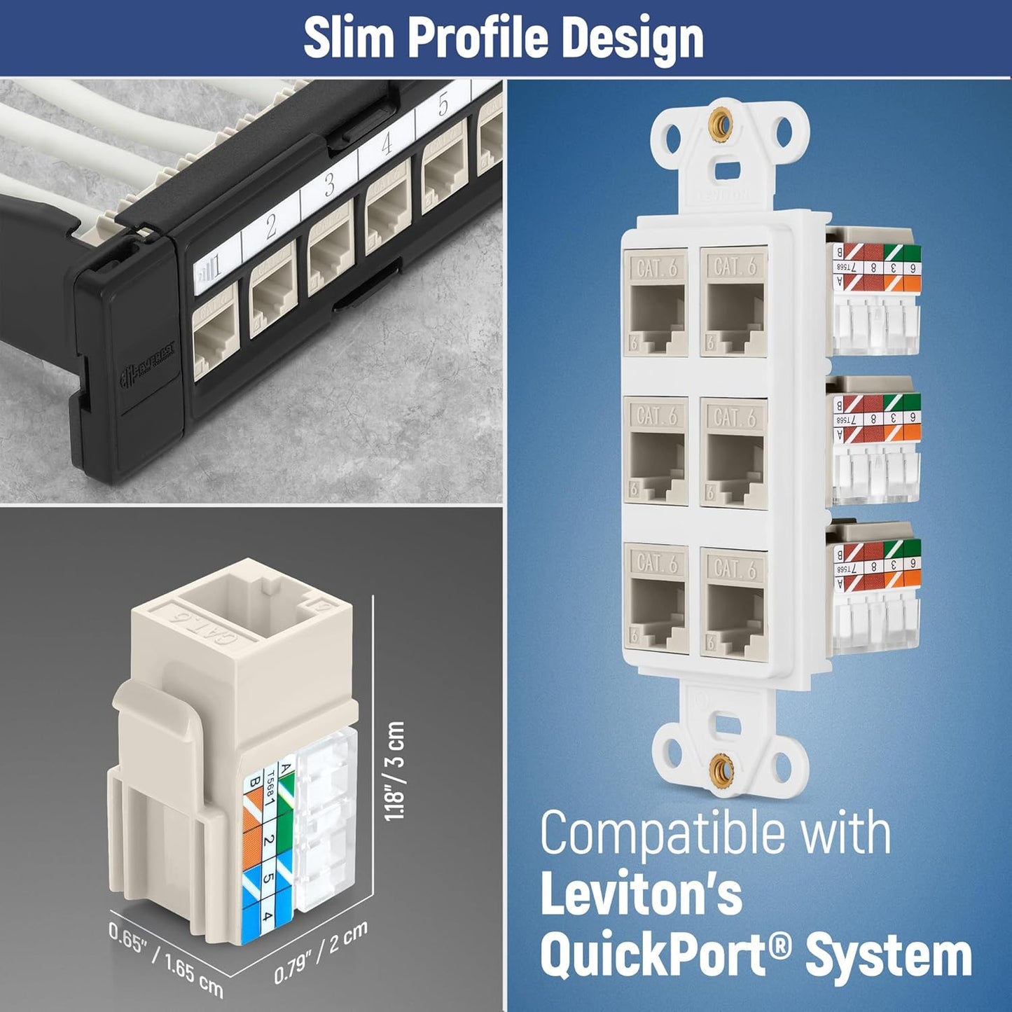 Everest 90° Angled RJ45 Cat6 Keystone Jacks 20-Pack in Light Almond - Slim Profile Female RJ45 Connectors - Cat 6 Keystone Jack - Compatible with 90° Angled Speed Termination Tool - easyJACK
