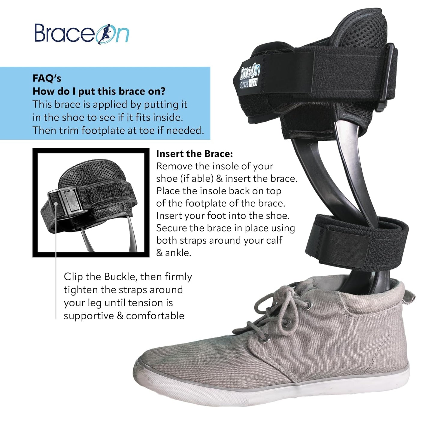 Brace On AFO S-Type - Drop Foot Stabilizer Brace, Moldable, Trimmable, Lightweight Polyethylene, for Women, AFO Brace, Boot for Injured Foot, Women, Left