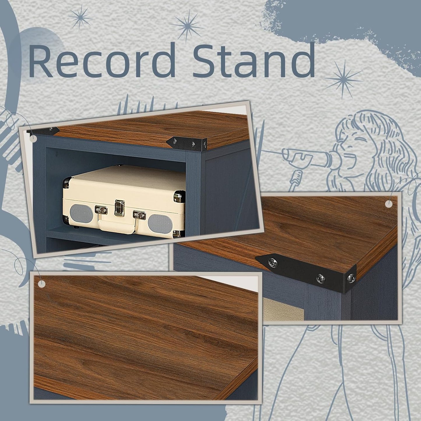 Record Player Stand with Vinyl Record Storage Holds up to 160 Albums,Large Wood Record Player Table,Blue Turntable Stand Cabinet Dispaly Shelf for Living Room,Bedroom,Office