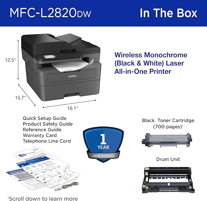 Brother MFC-L2820DW Wireless Compact Monochrome All-in-One Laser Printer with Copy, Scan and Fax, Duplex, Black & White | Includes Refresh Subscription Trial(1),(Renewed Premium)