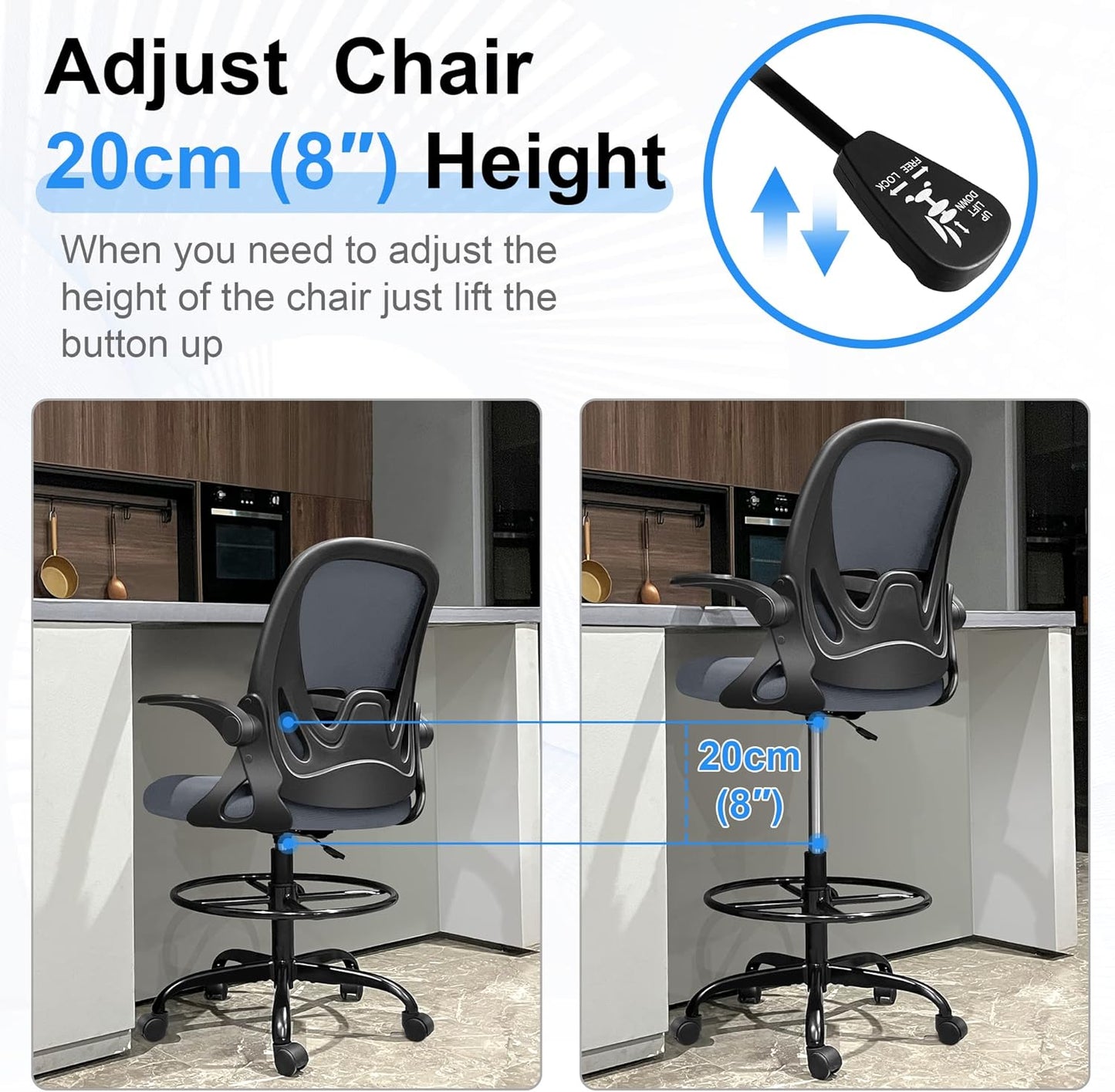 Primy Drafting Chair Tall Office Chair with Flip-up Armrests Executive Ergonomic Computer Standing Desk Chair with Lumbar Support and Adjustable Footrest Ring(Dark Gray)