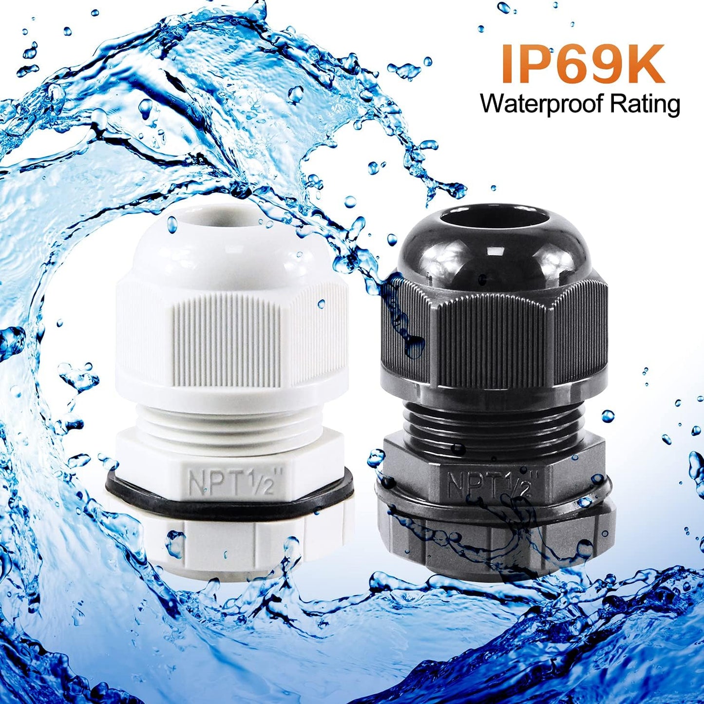 XHF 50 Pcs 1/2" IP68 Strain Relief Nylon Cord Grip Waterproof NPT Cable Glands Adjustable UL Listed and RoHS Compliant (Grey)