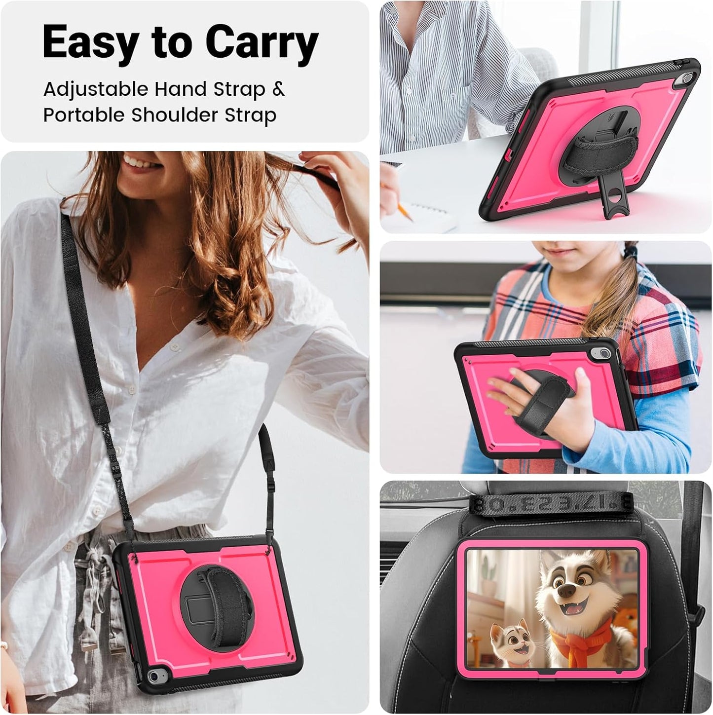 SCSVPN Case for iPad (A16) 11th Generation 11 Inch 2025 / 10th Generation 10.9 Inch 2022, Shockproof Protective Case with Screen Protector, Pencil Holder, Rotating Stand, Hand/Shoulder Strap - Rose