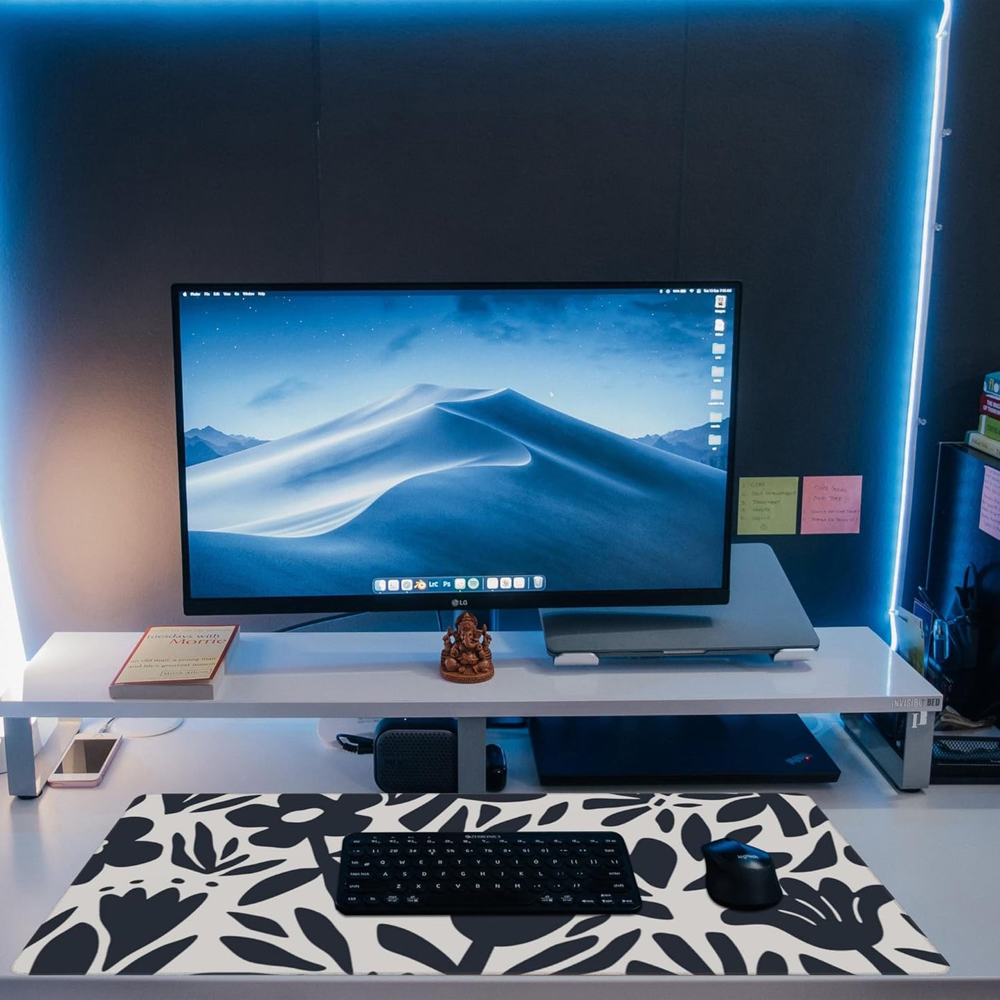 Desk Pad,Hand Drawn Leaves and Flowers Desk Mat,Abstract Plant Large Gaming Mouse Pad for Desk,Extended Big Computer Keyboard Mouse Pad with Non-Slip Base and Stitched Edge,35.4"x15.7"