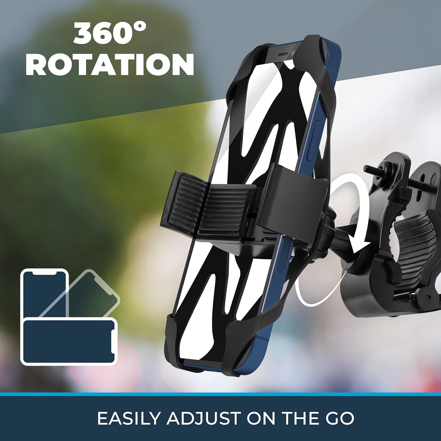 Roam Universal Black Net Bike Phone Mount Holder, 360° Rotation Hands Free Cell Navigation System for Motorcycle eBike Dirt Road Cruiser Scooter Jogging Stroller, Adjustable Up to 3.6" W x 7" L