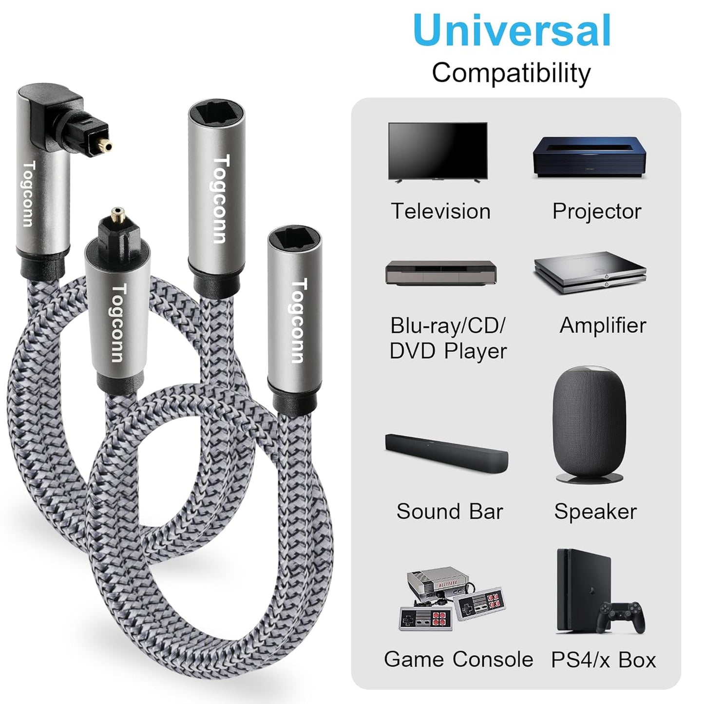 Optical Extension Fiber Digital Cable Adapter 2 Feet(2 Pack), 90 Degree Right Angle & Straight Male to Female Coupler, Toslink Audio Cable, Nylon Braided for Home Theater, Soundbar, TV and More