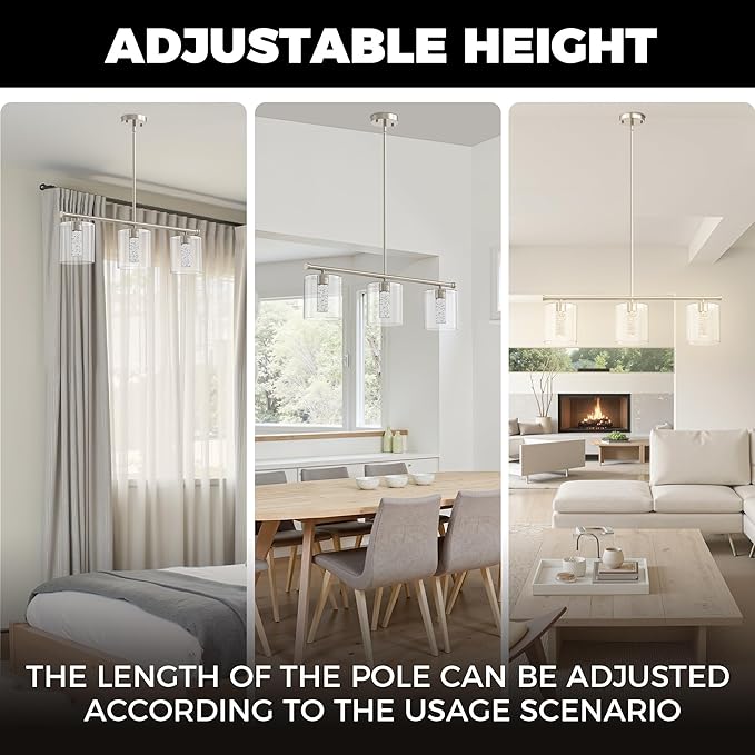 DORESshop 3-Light Chandelier for Dining Room Light Fixture Over Table, 31.3" Modern Brushed Nickel Chandelier with Glass Shades, Adjustable Hanging Pendant Lights Kitchen Island with Remote, 3CCT