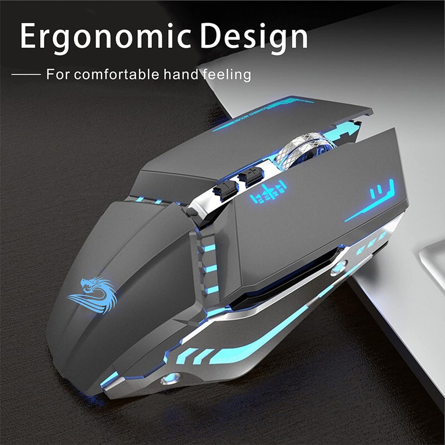 TENMOS T12 Wireless Gaming Mouse Rechargeable, 2.4G Silent Optical Wireless Computer Mice with Changeable LED Light for Laptop PC, 7 Buttons, 3 Adjustable DPI (Grey)