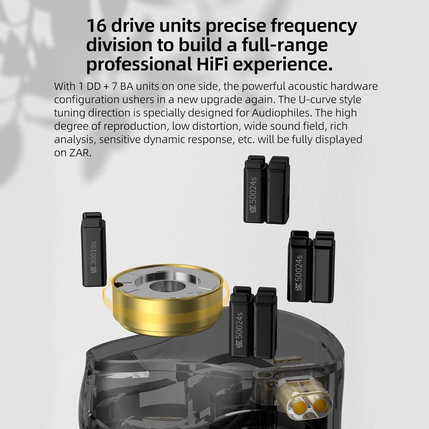 KZ ZAR in-Ear Monitor 7BA+1DD Hybrid 8 Drivers Gaming Earbuds HiFi Bass Noise Isolation IEM, Clarity in All Frequency Stereo Comfort-fit in Ear Headphones for Audio Engineers, Musicians(No Mic)