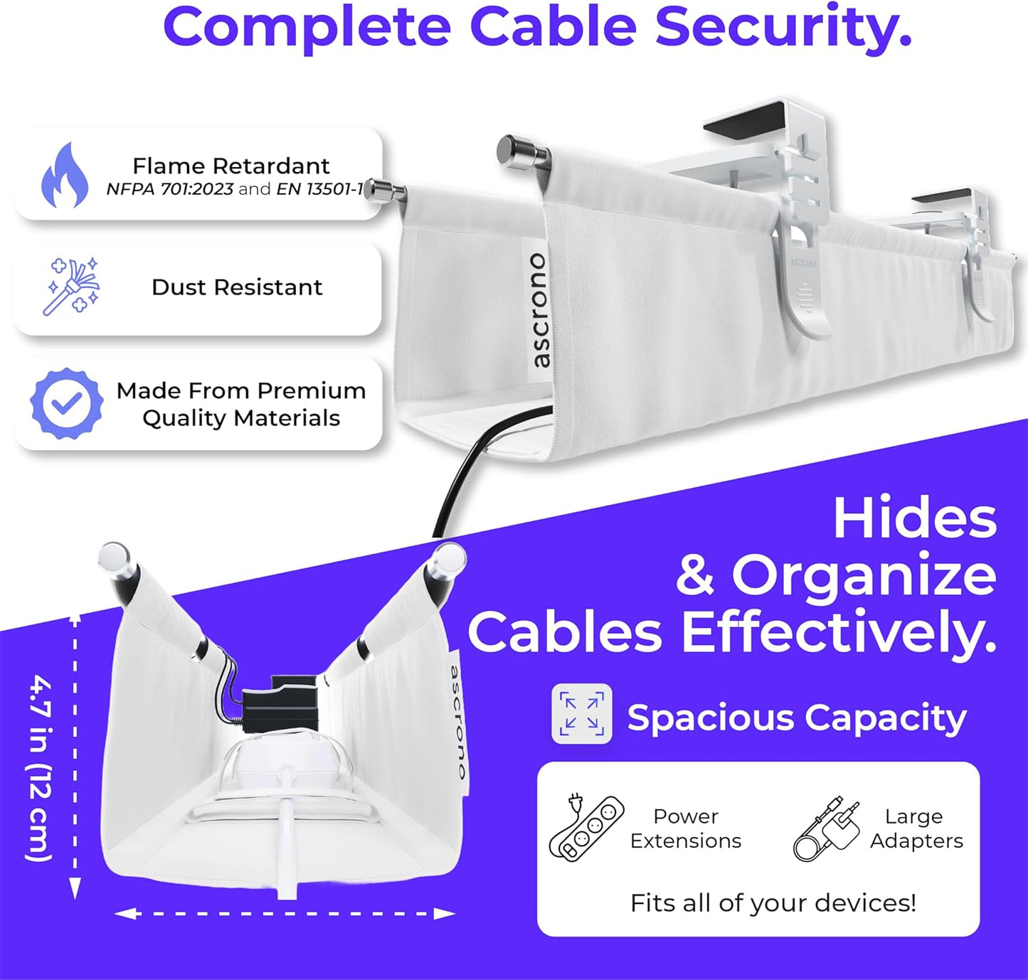 Ascrono Original No Drill Under Desk Cable Management Tray 14.1" - Premium White Fabric Cable Management Under Desk - Clamp/Screw Mount Cord Organizer - Supports Upto 66lbs