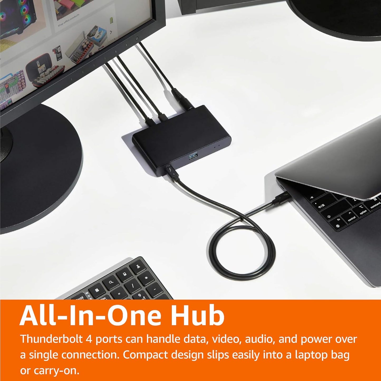 Amazon Basics Thunderbolt4/USB4 Docking Station, 3X Downstream TBT4 (Dual Display), 1xUSB A 3.1, Black, 4.76 x 2.84 x 0.86 inches