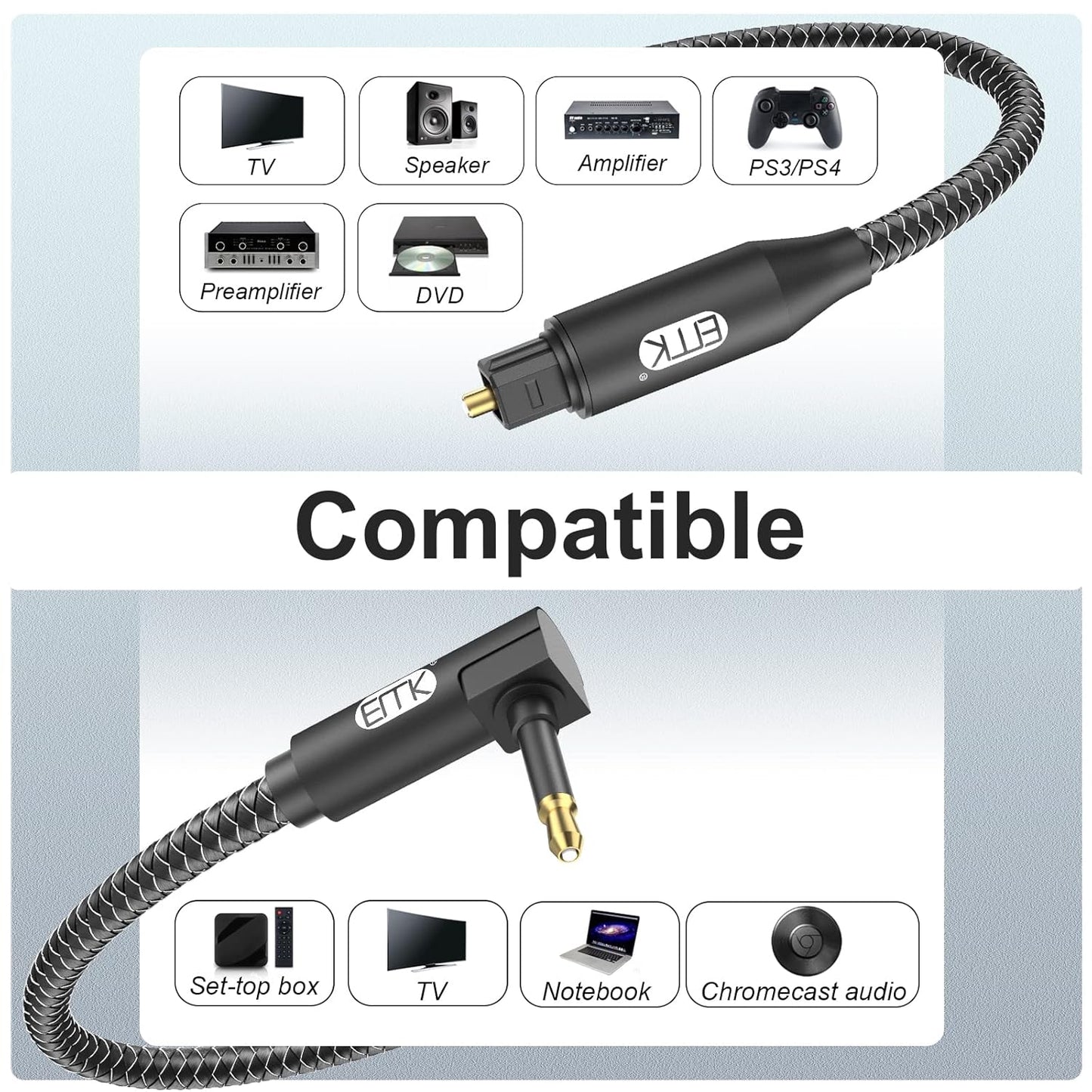 EMK Premium 90° Right-Angle Mini Toslink Cable (1.5Ft/0.5M) - 3.5mm Optical Digital Audio Cable for Sound Bars, TVs & Home Theater - SPDIF/Toslink Compatible, Black