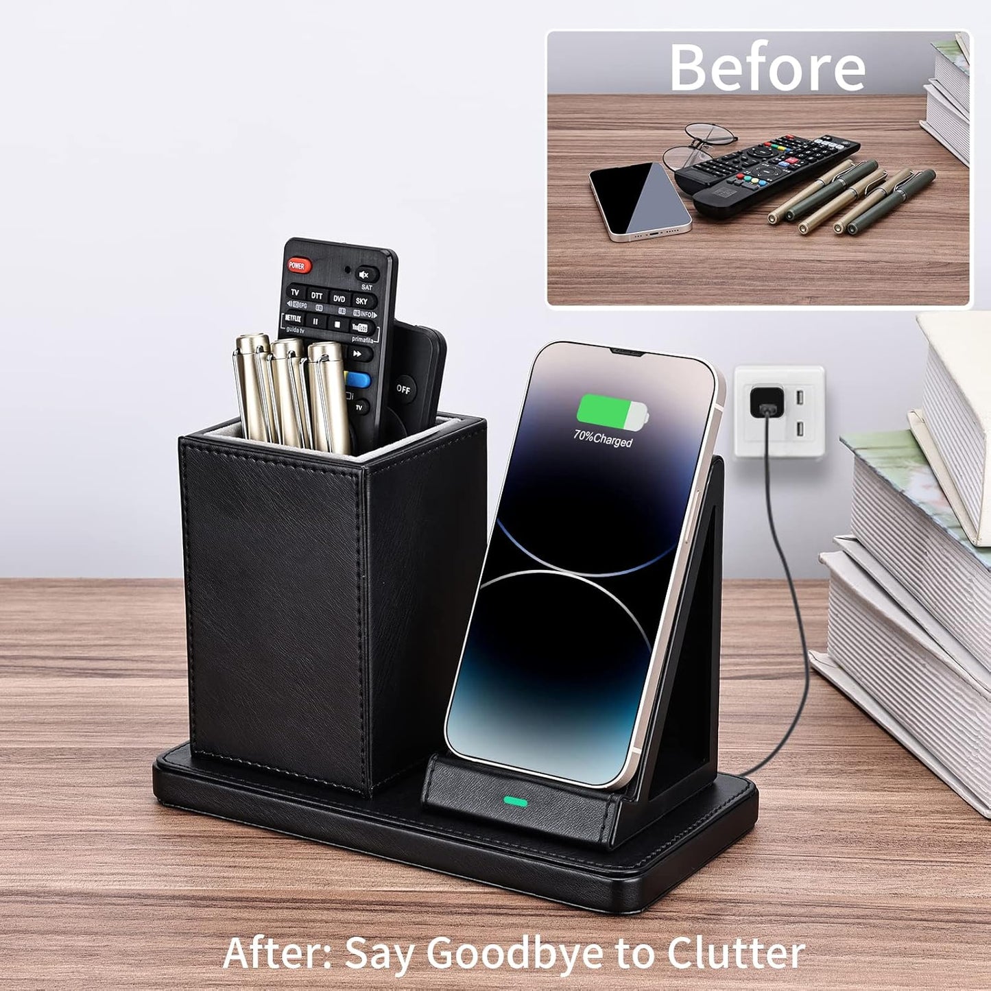 Wireless Charger with Desk Organizer, Wireless Charging Station for iPhone 13/13 Pro Max/13 Pro/12 Series/11/XS Max/XR/X/8Plus/SE 2, Wireless Charging Stand with Leather… (Black)