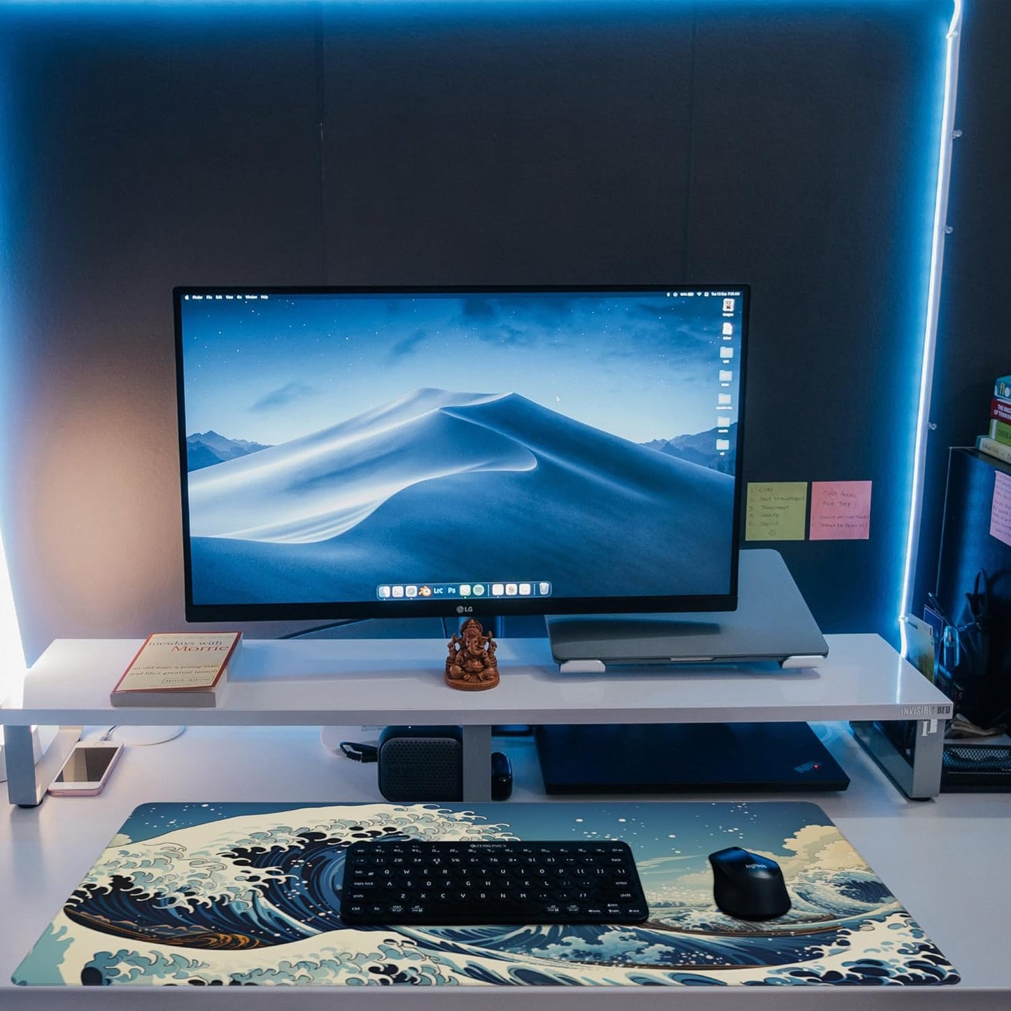 Desk Mat,Blue Japanese Sea Wave Desk Pad,Japanese Sea Wave Large Gaming Mouse Pad for Desk,Extended Big Computer Keyboard Mouse Pad with Non-Slip Base and Stitched Edge,35.4"x15.7"