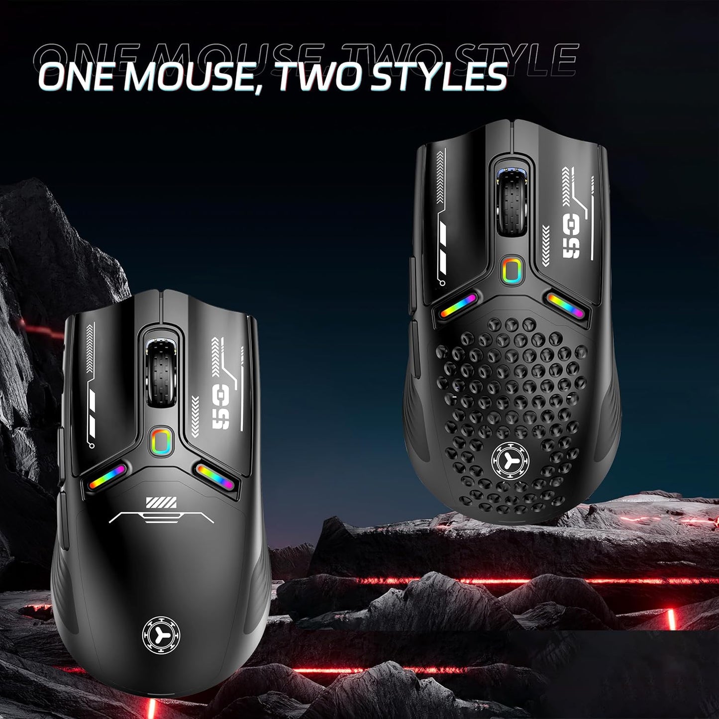 TENMOS M530 Wireless Gaming Mouse, 2.4G/Bluetooth/USB C Wired Rechargeable Mouse, 12000 DPI, RGB, 6 Programmable Buttons, Honeycomb Magnetic Cover, with Receiver Extender for Laptop/PC/Mac, Black