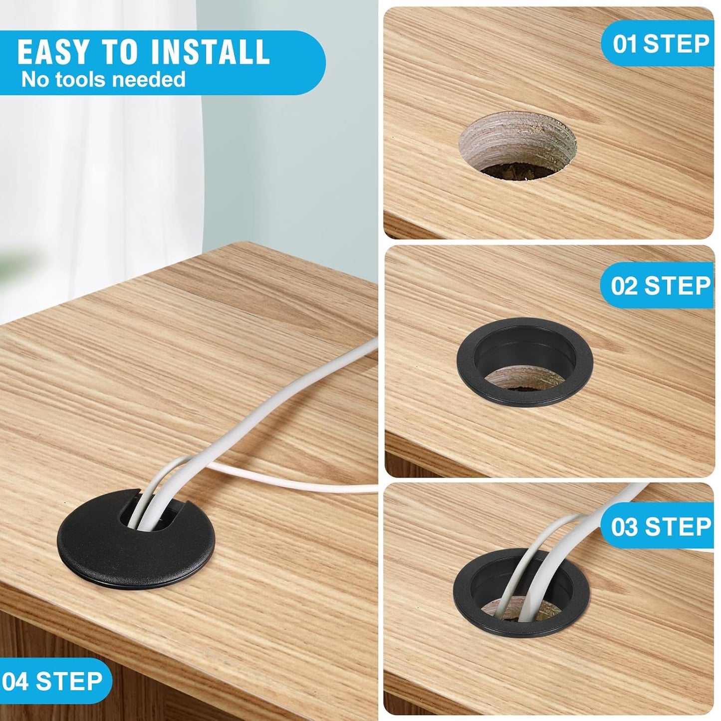 1-1/2" Black Desk Grommet, JTemgle Plastic Cable Hole Cover Computer Table Cord Wire Organizer Caps Desktop Cord Management for Home Office TV Stands Tabletops, 5 Pieces