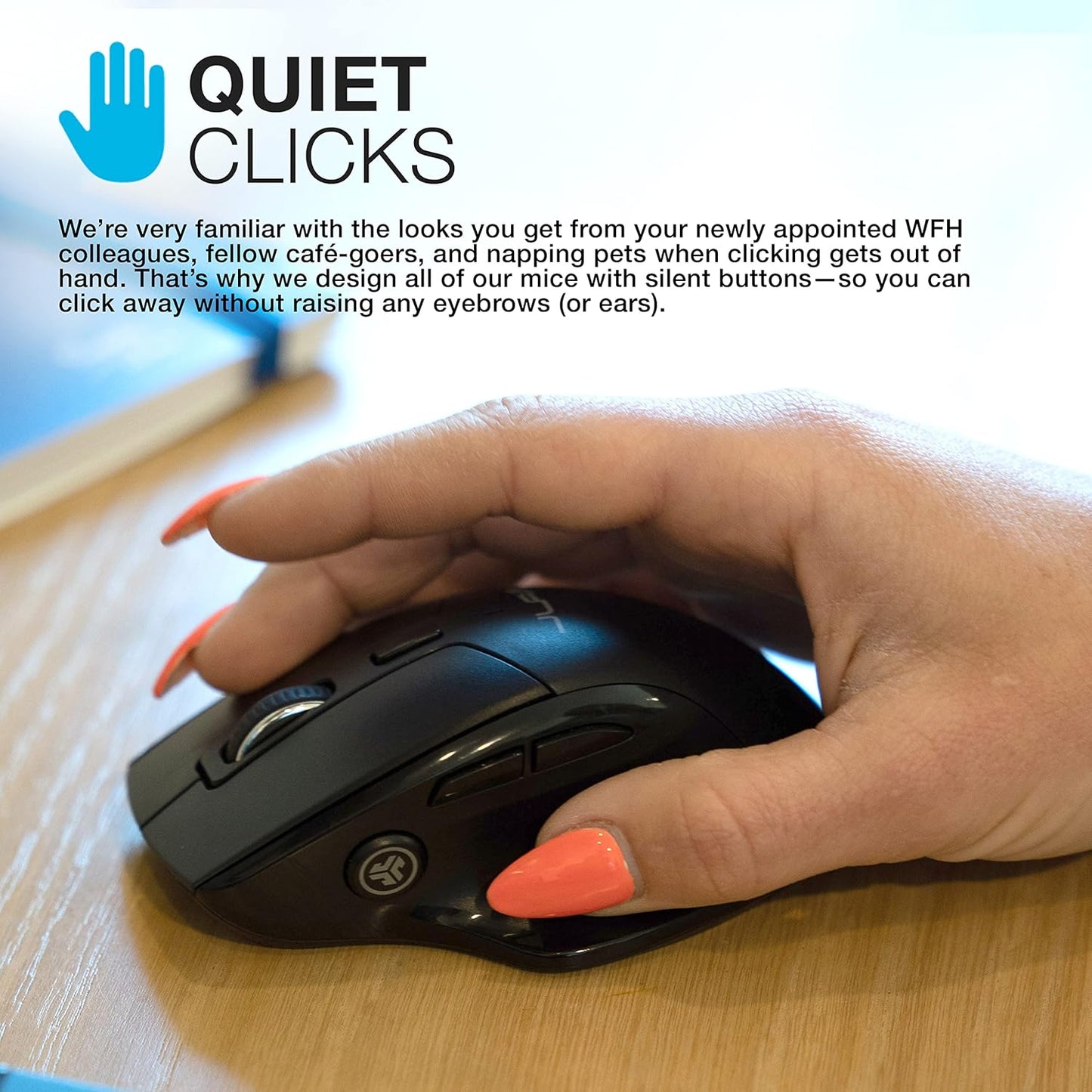 JLab JBuds Wireless Mouse, Connect Via Bluetooth or USB Wireless Dongle, Multi-Device Toggle, Up to Three Devices, Custom User Profiles, Adjustable Tracking, Full-Size, Rechargeable, (1 Pack)