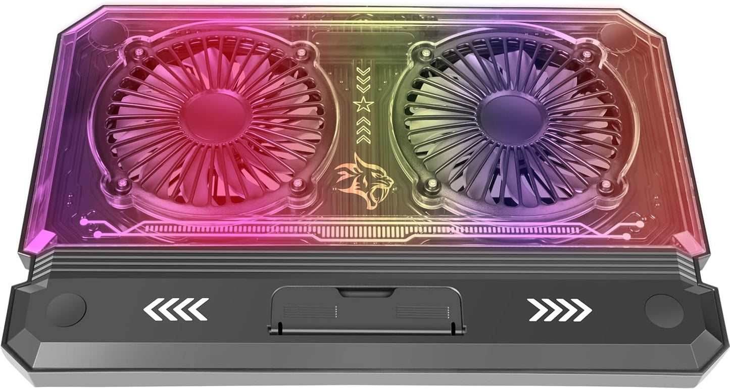 Gaming Crystal Shell Laptop Cooling Pad with Phone Holder, Dual High-Speed Fans, 8-Level Adjustable Height, RGB Lighting, Anti-Slip Base, USB-A & USB-C Ports โ Black (for 10-17โ Laptops)