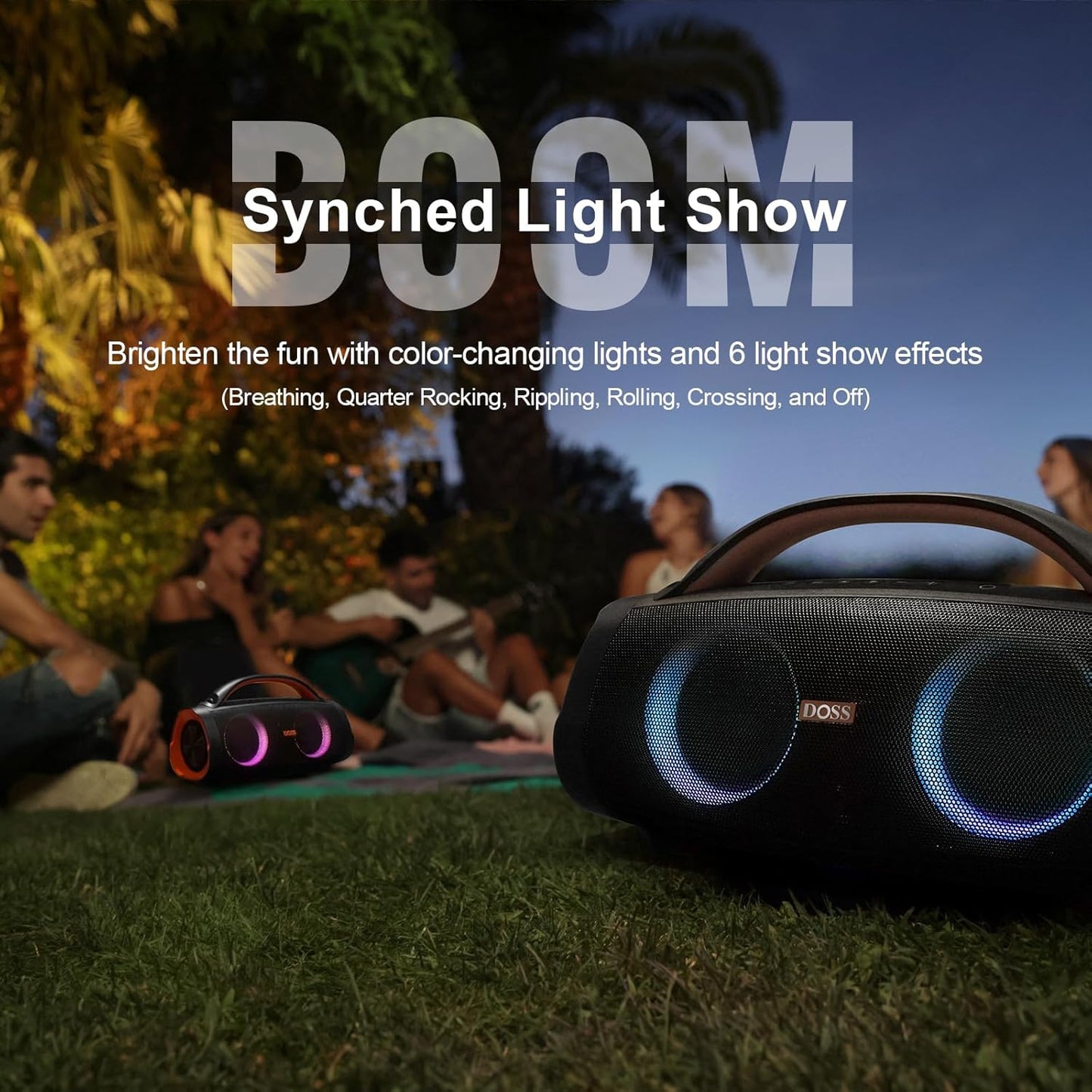 DOSS Extreme Boom+ Loud Bluetooth Speaker with 100W Stereo Sound, Extra Bass, 20H Playtime, Party-Sync Led Lights, Built-in Power Bank, IPX6 Waterproof Outdoor Speaker for Camping, Travel-Copper Gold