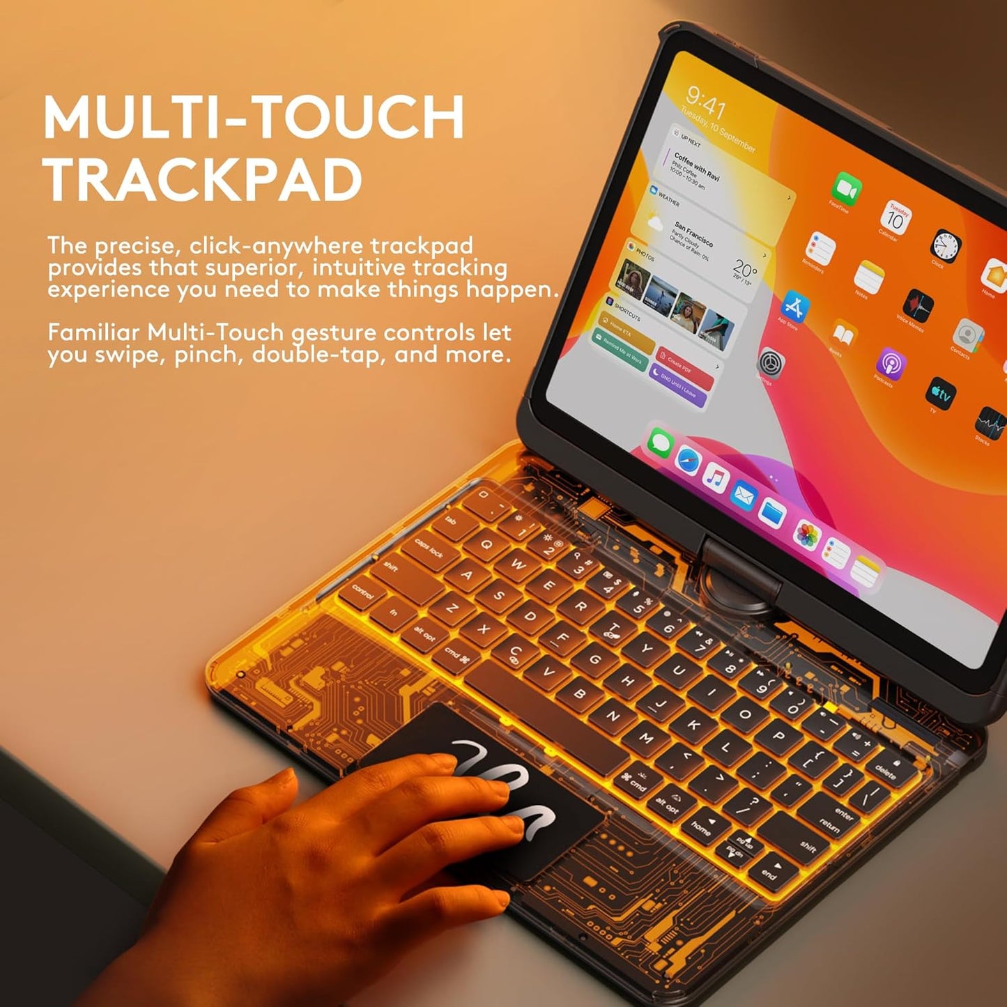 GUSGU Transparent Case with Wireless Keyboard for iPad Air 13-in.(M3/M2, 2025/2024), 7 Colors Backlight, Trackpad, 360°Rotating Stand for iPad Pro 12.9-in (6/5/4/3 Gen), Tech Style