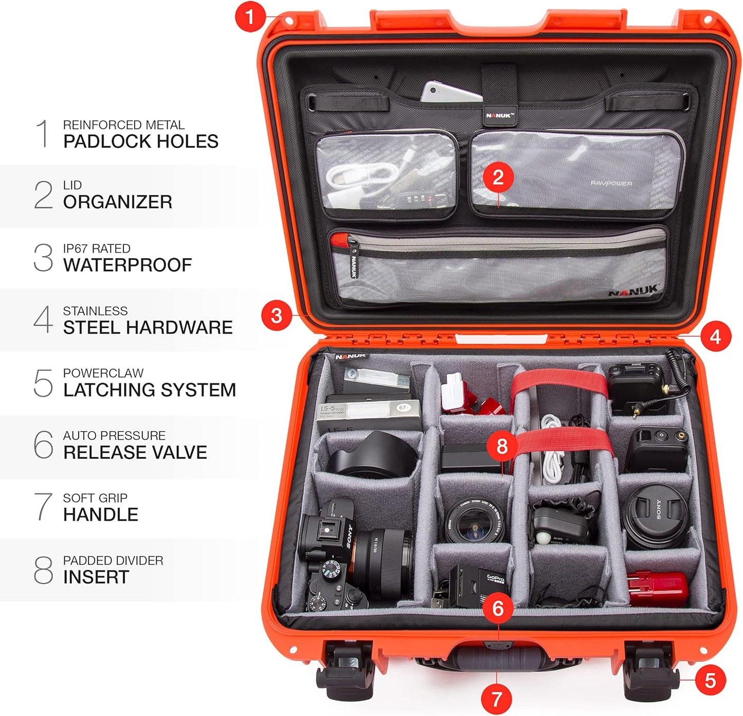 Nanuk 930 Waterproof Hard Case with Lid Organizer and Padded Divider - Orange (930-6003)