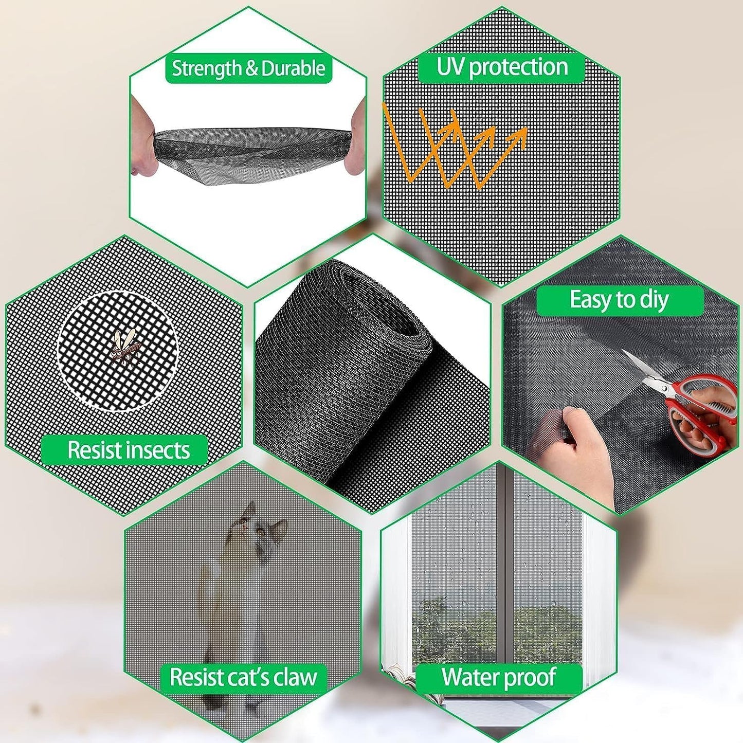 QWR Pet Proof Window Screen and Screen Door Replacement, 48"x 360" Upgraded Durable Thickened Vinyl Coated Wire-Like Mesh for Sliding Screen Door,Patio,Windows(Rolled Package)
