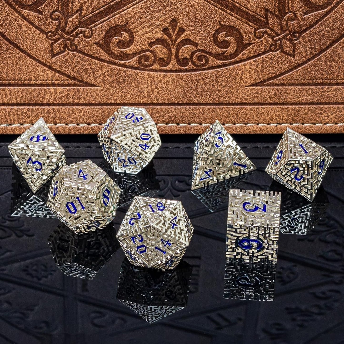 Silver Metal Hollow DND Dice Set (Cleric) Metallic Luster Maze Design with Storage Box - Balanced Weight 7 Piece Zinc Alloy, Designed for Dungeons and Dragons DM and Player RPG Accessories