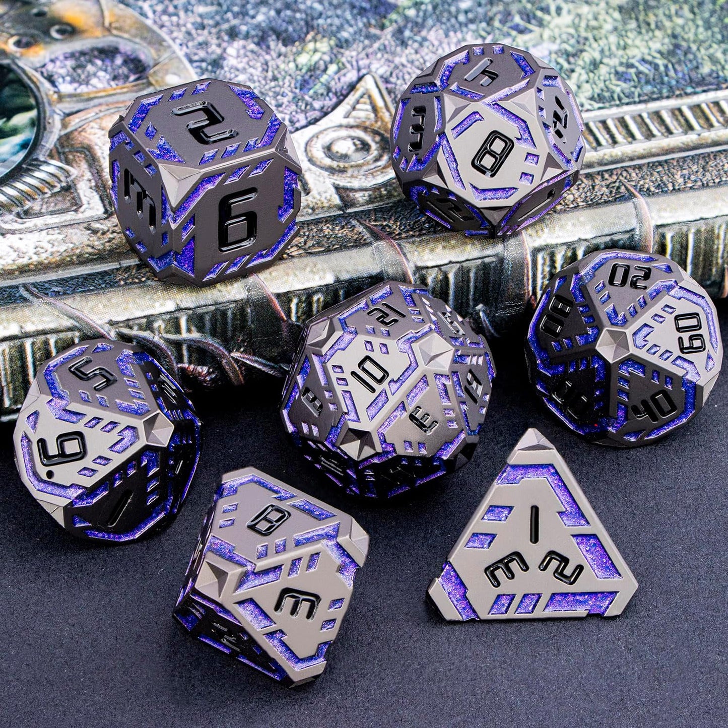 Metal DND Sci-fi Dice Set 7PCS Stripe Polyhedral Dice for Dungeons Dragons RPG Role Playing Game, Glitter D and D Dice with Gift Box D6 D8 D10 D12 D20 (Black Purple) 