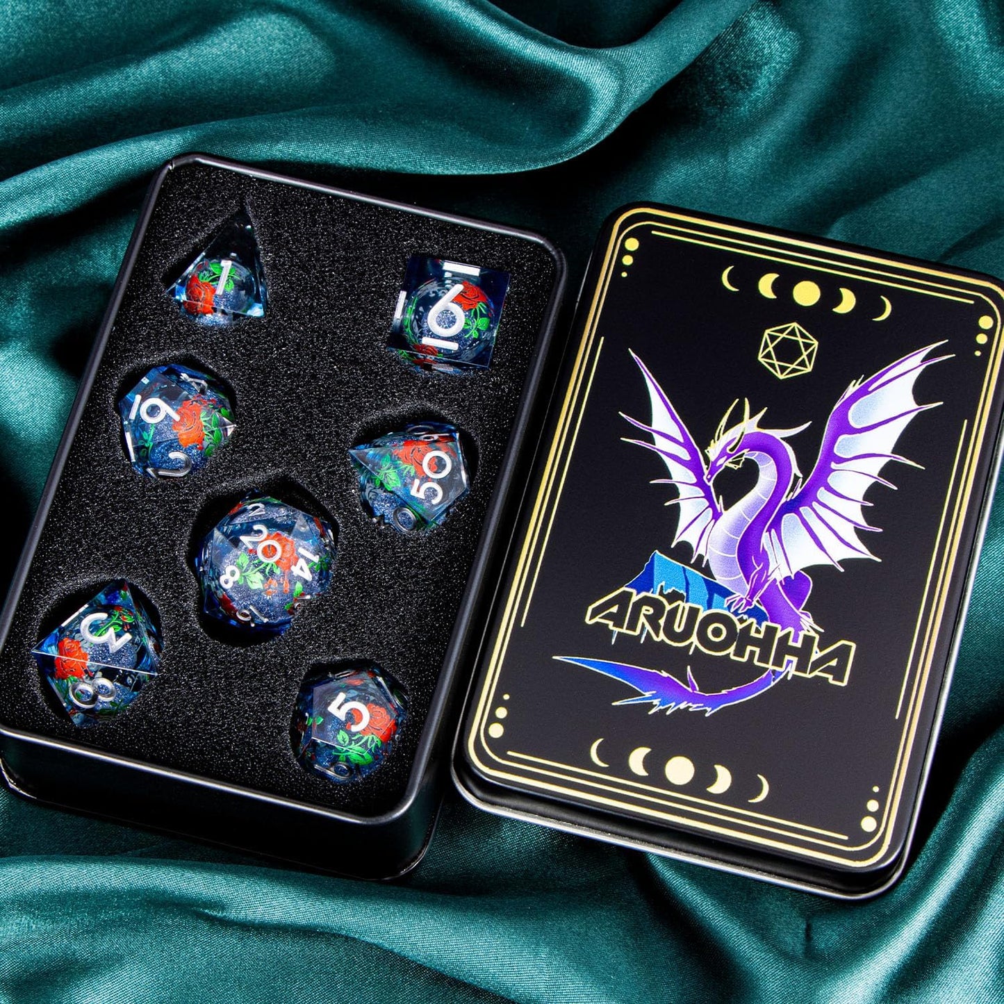 ARUOHHA Liquid Core DND Dice Set, Vampire Sharp Edged Dragons Dice Compatible with D&D RPG Role Playing Games, Resin Blood Red Polyhedral Dungeons D and D Dice with Gift Box D20 D12 D10 D8 D6 D4