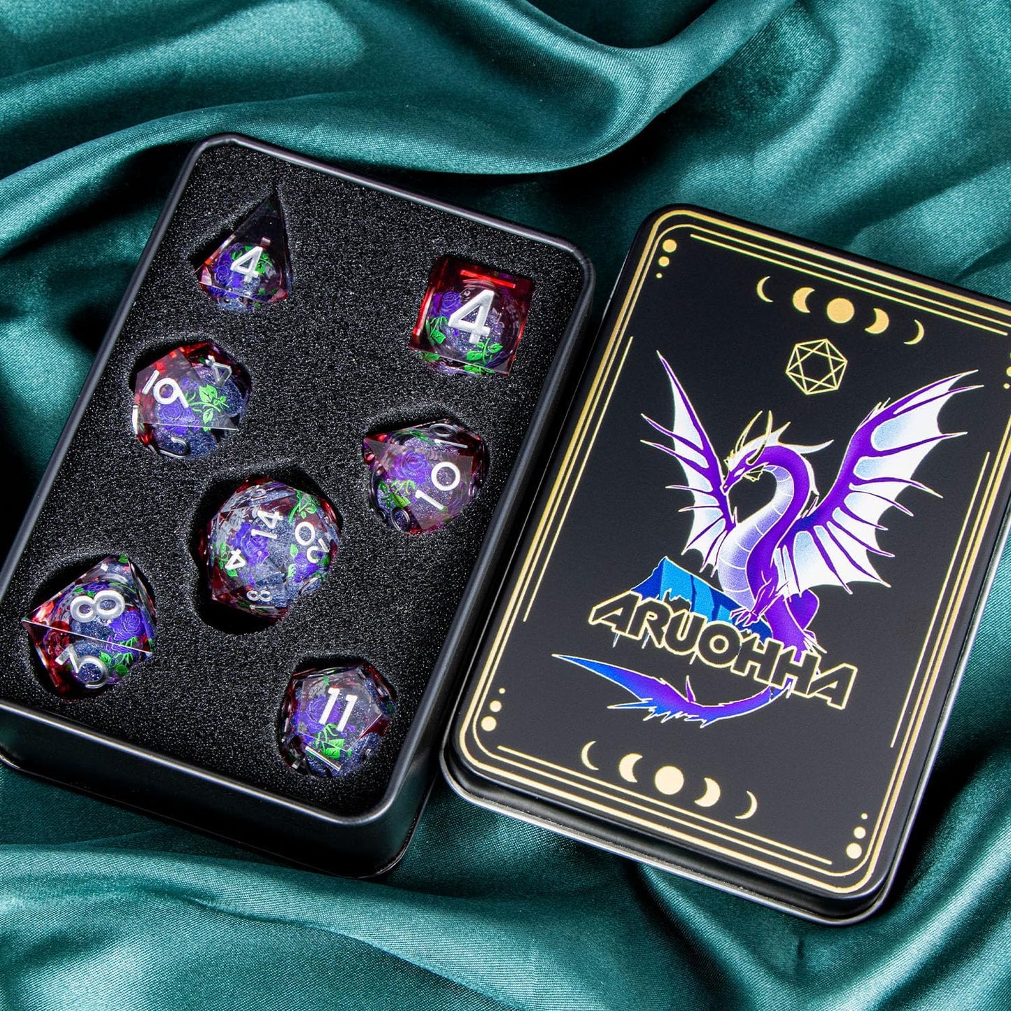 ARUOHHA Liquid Core DND Dice Set, Vampire Sharp Edged Dragons Dice Compatible with D&D RPG Role Playing Games, Resin Blood Red Polyhedral Dungeons D and D Dice with Gift Box D20 D12 D10 D8 D6 D4