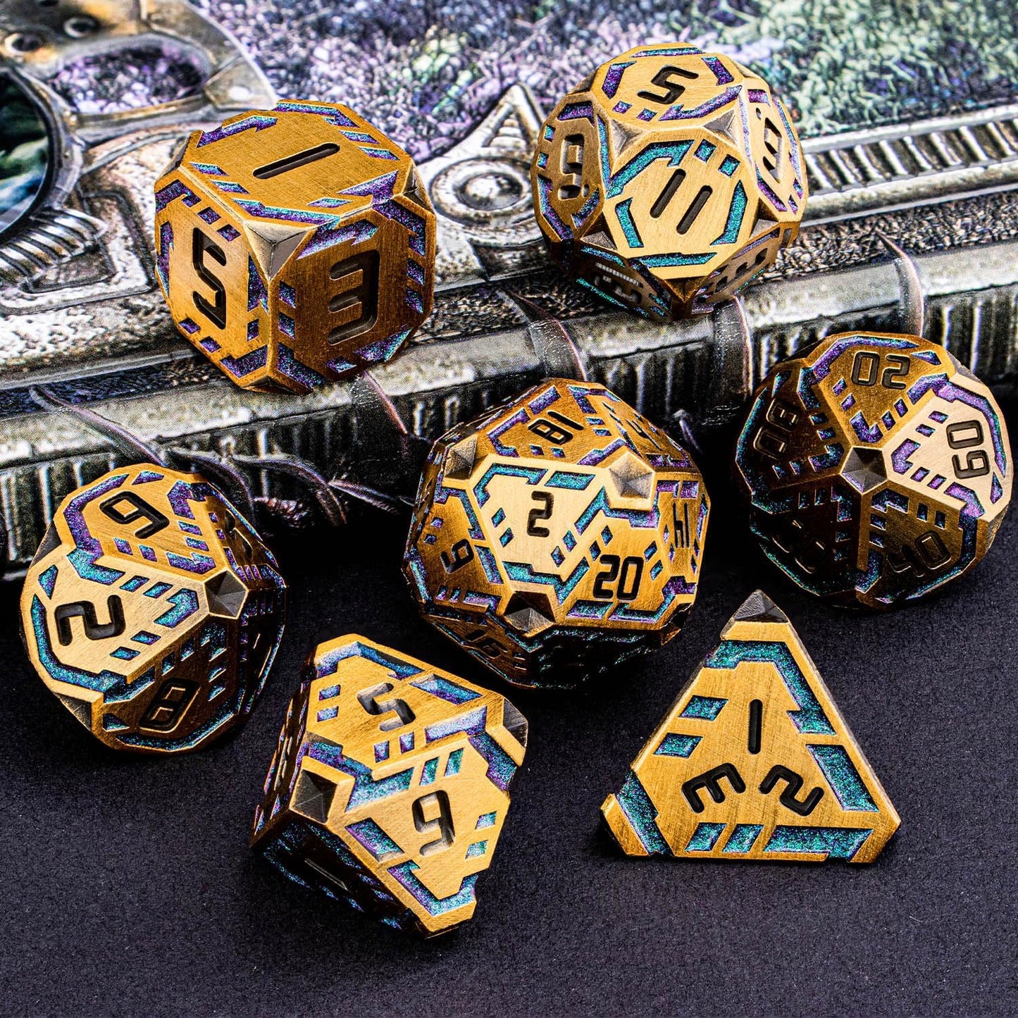Metal DND Sci-fi Dice Set 7PCS Stripe Polyhedral Dice for Dungeons Dragons RPG Role Playing Game, Glitter D and D Dice with Gift Box D6 D8 D10 D12 D20 (Ancient Gold&Green Purple)