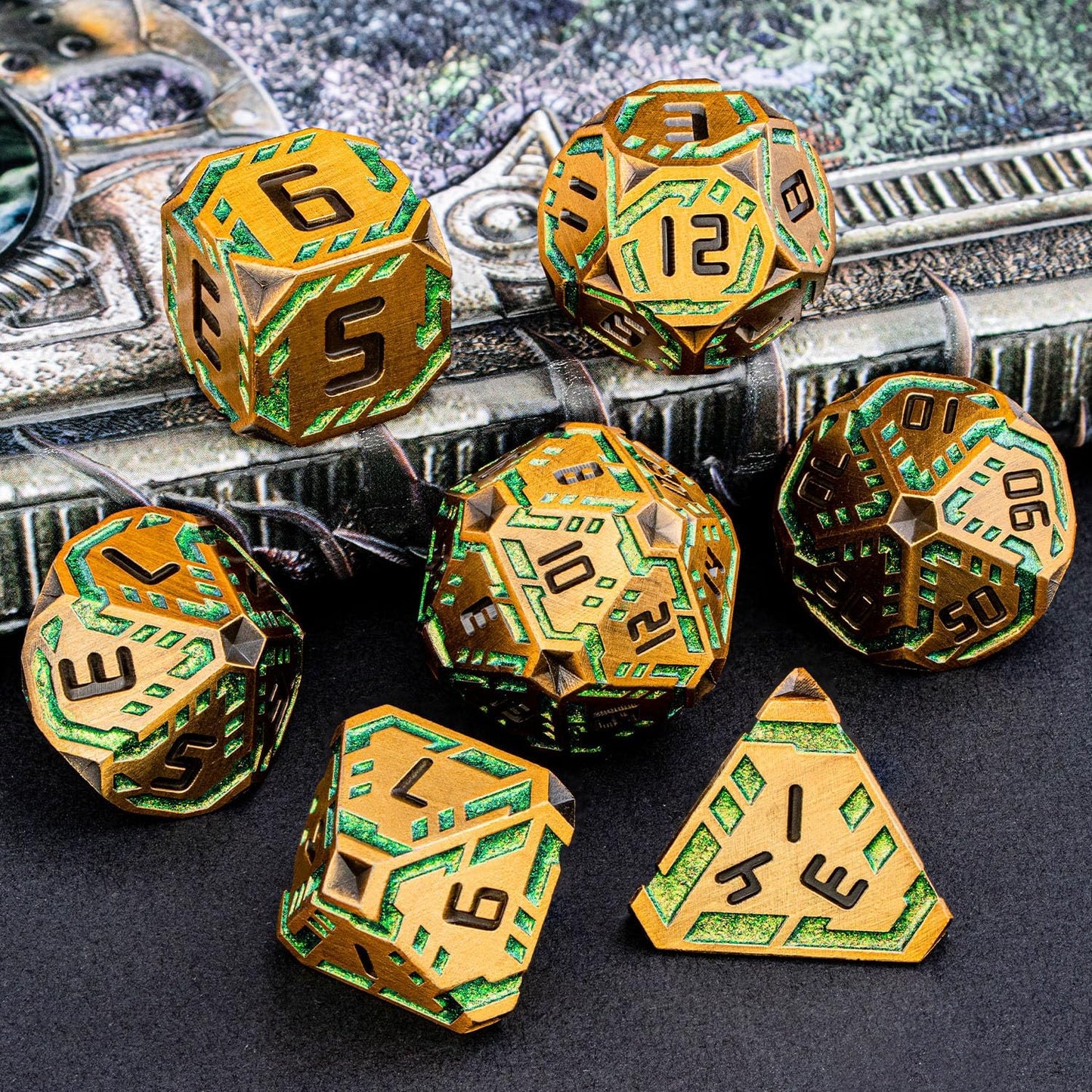 Metal DND Sci-fi Dice Set 7PCS Stripe Polyhedral Dice for Dungeons Dragons RPG Role Playing Game, Glitter D and D Dice with Gift Box D6 D8 D10 D12 D20 (Yellow Green)