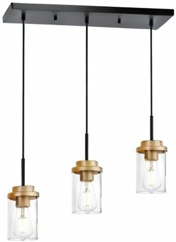 MELUCEE 23.6 Inches Dining Room Light Fixture Hanging 3-Lights Kitchen Pendant Light Fixture Over Island Black Ceiling Hanging Lamp with Clear Glass Shade, Gold Socket