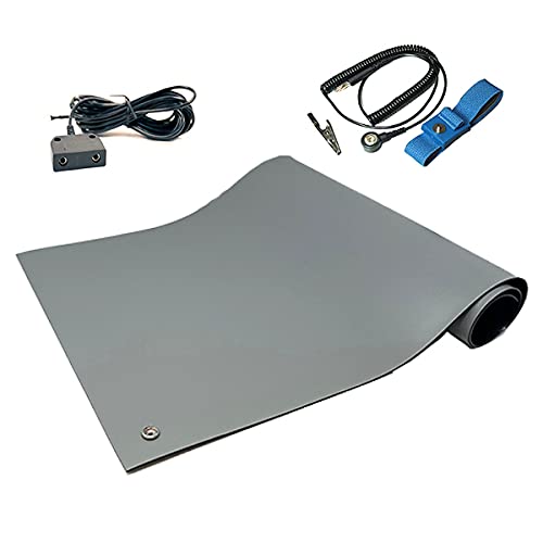 RubberStat Dual Layer ESD Compliant Workstation Rubber Table Mat Kit, Soldering, Cell Phone Repair, with Wrist Strap Set and Ground Cord - 30"x48" Grey