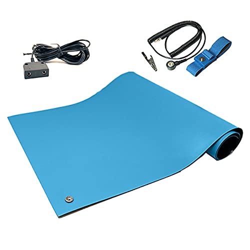 RubberStat Dual Layer ESD Compliant Workstation Rubber Table Mat Kit, Soldering, Cell Phone Repair, with Wrist Strap Set and Ground Cord - 24"x48" Blue