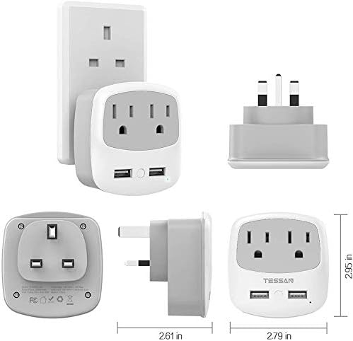 UK Ireland Travel Plug Adapter, TESSAN Type G Power Adaptor with 2 USB Charger Ports 2 American Outlets, US to Scotland London England British Irish Kenya Dubai Qatar