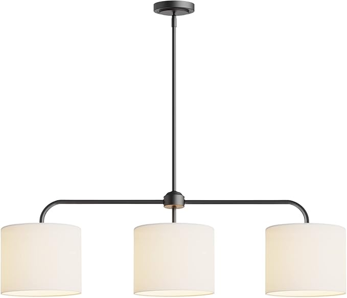 Electro bp;40" W 3-Light White Linen Drum Shade Chandelier with Black Metal Linear Pendant Light Fixture for Kitchen Island,Dining Table,E26,180W;
