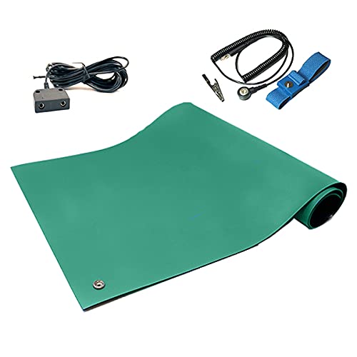 RubberStat Dual Layer ESD Compliant Workstation Rubber Table Mat Kit, Soldering, Cell Phone Repair, with Wrist Strap Set and Ground Cord - 48"x72" Green