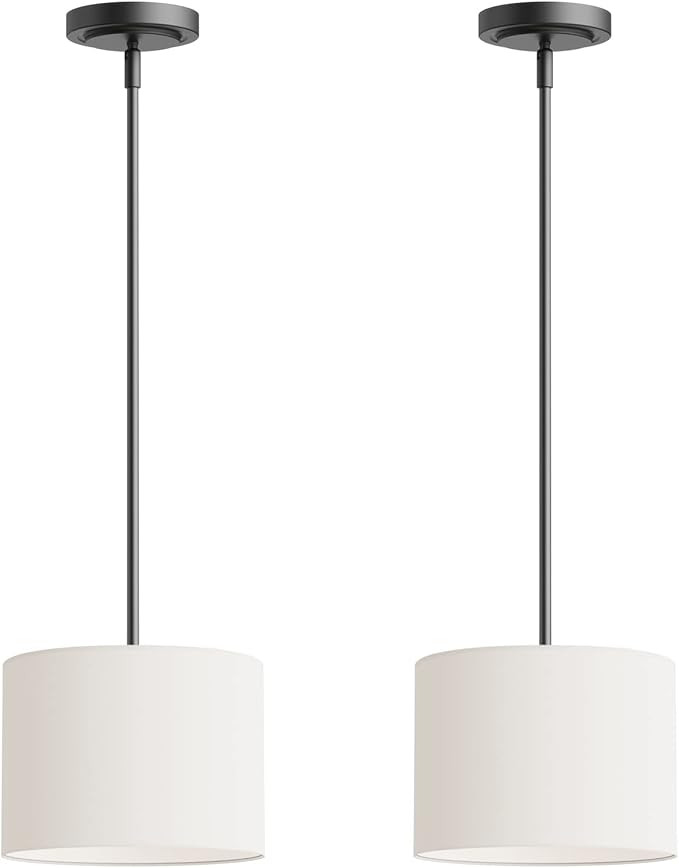Electro bp;9" Dia White Linen Drum Shade Hanging Pendant Light Fixture with Black Pole Kit,E26,Hardwired,2-Pack;