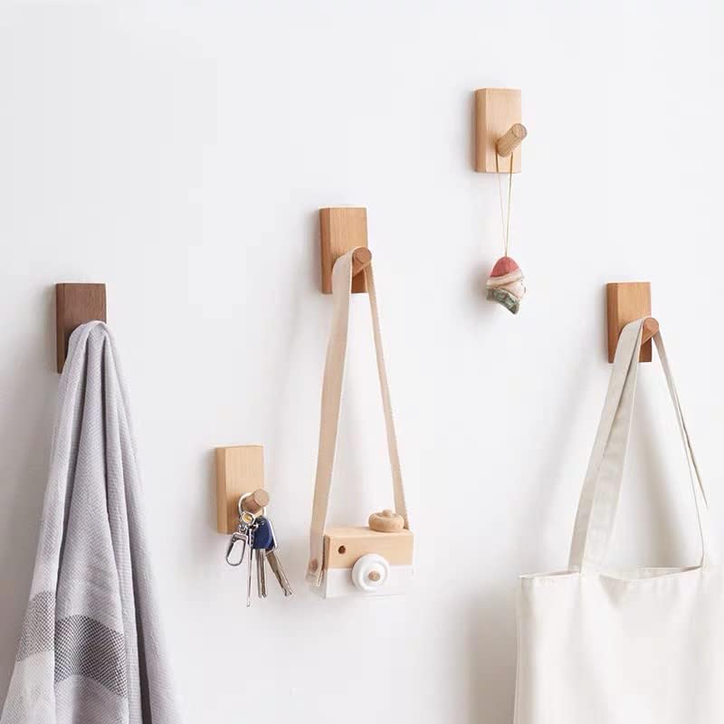HomeDo 4Pack Adhesive Wall Hooks Hat Rack, Wooden Coat Hooks Wall Mounted, Decorative Hooks Single Organizer Hat Hanger Towel Rack, Heavy Duty Hooks (Rectangle-Beech,4P)