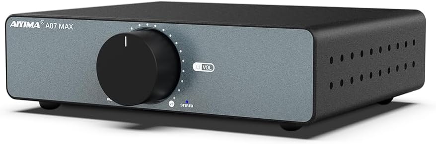 AIYIMA A07 MAX 2 Channel Stereo Amplifier Home Audio 300W*2 TPA3255 Class D Power Amp/Bridgeable Mono Amplifier 600 Watt with 3.5mm Line Output for Passive Bookshelf Speakers+DC36V 6A Power Adapter