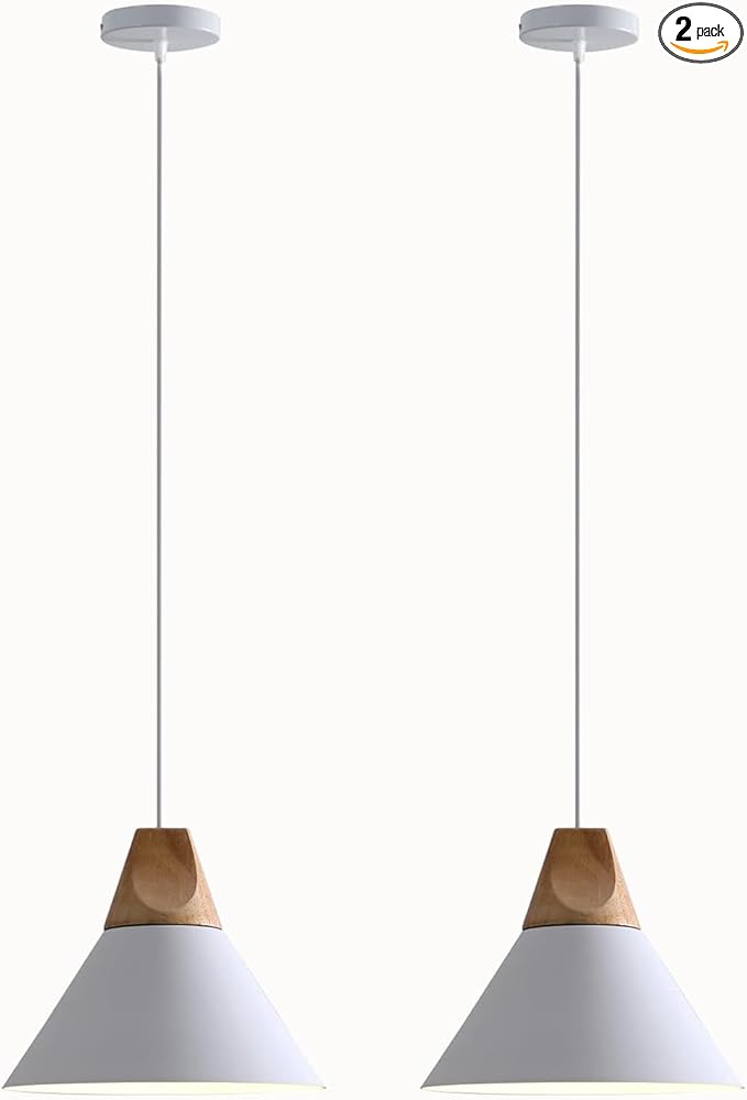 Modern Pendant Lights Kitchen Island,Solid Wood Matte White Ceiling Hanging Lamp,Pendant Lighting for Dining Room Coffee Bar (White-2 Pack)