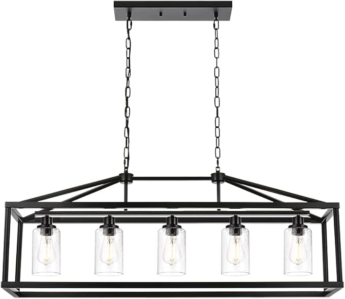 BONLICHT 5 Light Farmhouse Chandelier Ceiling Hanging Dining Room Lighting Fixtures Matte Black Modern Pendant Lighting Industrial Rectangular Kitchen Island Chandelier Fixture with Seeded Glass Shade