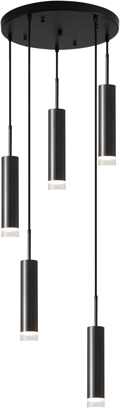 KCO Lighting Black Cluster Pendant Light Fixture Industrial Stairway Chandelier Lighting Cylinder Pendant Lights Kitchen Island Farmhouse Dining Room Light Fixtures