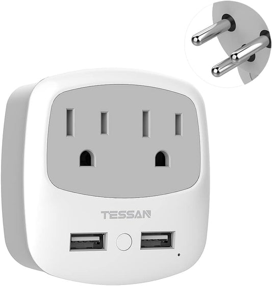 TESSAN Israel Power Adapter, Type H Travel Plug Adaptor with 2 USB Ports 2 American Outlets for US to Israel Jerusalem