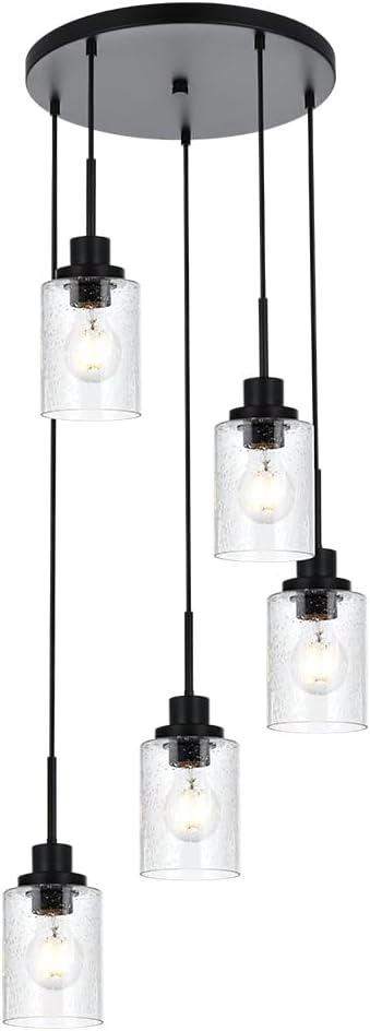 Pendant Light Fixture 5 Light Black Cluster Chandelier Seeded Glass Farmhouse Pendant Lighting for Kitchen Islands, Modern Dining Room House Foyer Entryway Bedroom Living Room Ceiling Lights