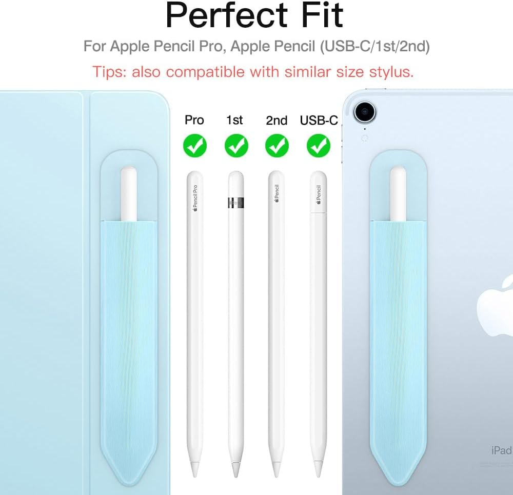 MoKo Pencil Holder Sticker Fit Apple Pencil Pro, Apple Pencil (USB-C), Apple Pencil 1st/2nd Generation, Elastic Pencil Pocket Pouch Adhesive Sleeve Attached to iPad Case for Stylus Pens,Sky Blue