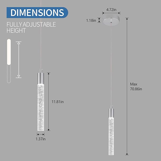Modern Kitchen Island Pendant Light Dimmable LED Chrome Finish Mini Crystal Pendant Lighting Bedroom Bedside Table Small Pendant Lights（3-Pack）