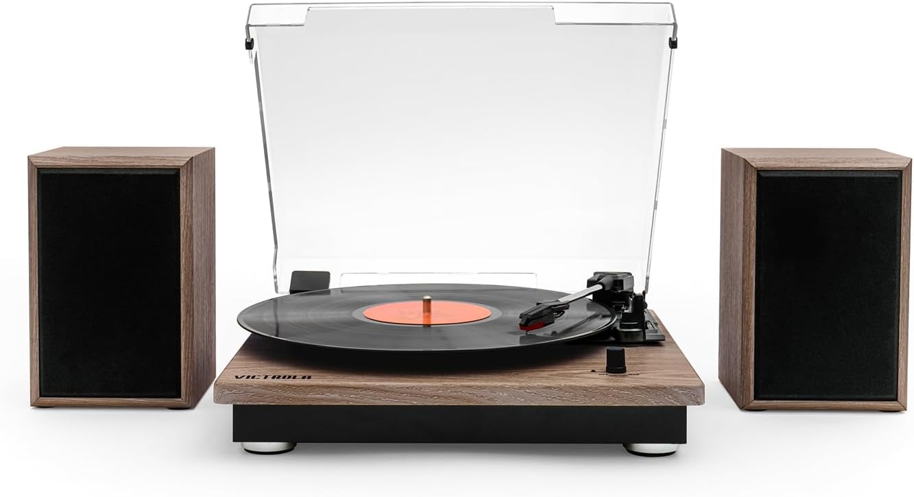 Victrola Montauk Vinyl Record Player, 3-Speed Belt Driven Turntable with Stereo Bluetooth Speaker Pair, RCA Output and 3.5mm Headphone Jack, Removable Dust Cover, Farmhouse Walnut Finish
